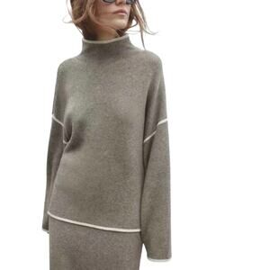 Zara S Wool Blend Contrast Piping Mock Neck Oversized Slouchy Sweater Old Money